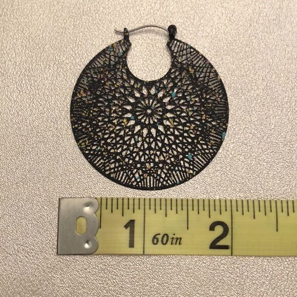 Black Filigree Hoops | Black with Multicolored Flecks | 2” Diameter - Picture 3 of 3